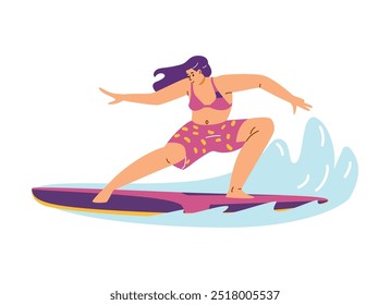 Vector graphics depicting a surfer character, a woman on a surfboard. She enjoys the summer on the waves. An element of the beach lifestyle, reflecting adventure.