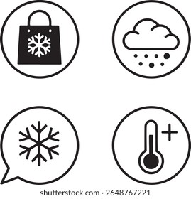 Vector Graphics Depicting Winter Elements Shopping and Weather Related Images Featuring Snowflakes and Temperature Plus Sign in Circles