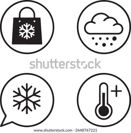 Vector Graphics Depicting Winter Elements Shopping and Weather Related Images Featuring Snowflakes and Temperature Plus Sign in Circles