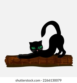 Vector graphics. Design element. Isolate. On a white background, a black cat with huge green eyes stands on a log, arching its back.