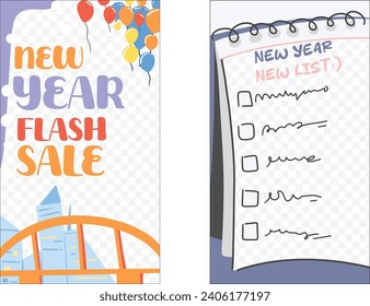 Vector graphics of Design Story template with new year list theme and discount promotion template. Suitable for use as product promotional media. Fully editable.