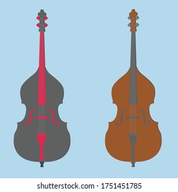 Vector graphics detailed color double bass (classic and gray-red) on a blue background. Illustration of two сontrabass for icons, logo and banners of musical instruments.