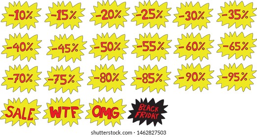 Vector graphics with different pricetags, text in red on yellow background.