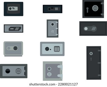 Vector graphics of a diverse collection of safes. Flat set closed safes