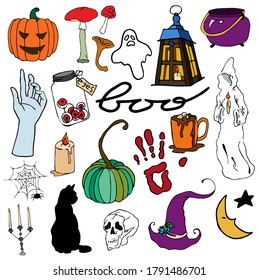 Vector graphics, doodle set including Halloween related items