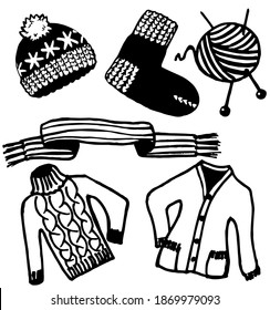 
Gráficos vectores, boceto de dibujos de punto. Sombrero, calcetín, bufanda, cardigan, suéter. Bolas de hilo y agujas de punto