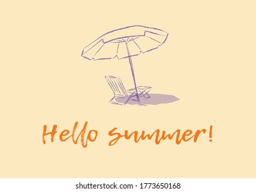 Vector graphics. Drawing of a beach umbrella and deck chair. Hello summer!