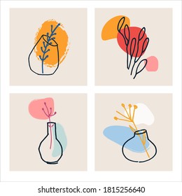 Vector graphics with dried flower vases and abstract shapes. Set of decor printable art. Contemporary design for prints, posters, stationery, logos, branding, invitations, social media posts