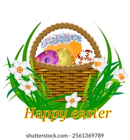 Vector graphics. Easter basket with kulich and eggs in the grass and with daffodils flowers.