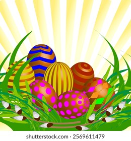 Vector graphics. Easter card. Against the background of sunbeams in the grass lie two willow branches and painted Easter eggs.