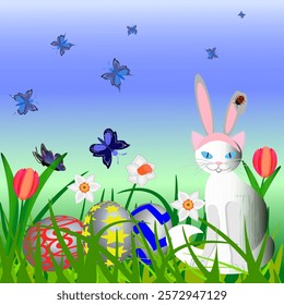 Vector graphics. Easter card. The grass is green, daffodils and tulips are blooming, butterflies are flying. Easter eggs are lying in the grass and a white cat is sitting in rabbit ears on its head.