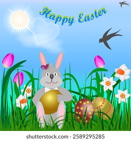 Vector graphics. Easter card. A rabbit with an egg sits in the green grass. Tulips and daffodils bloom nearby.