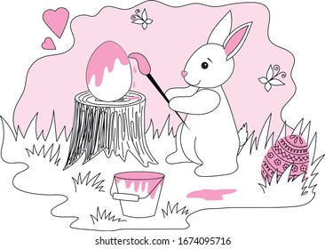 Vector graphics. Easter composition. White bunny paints an easter egg. The main colors are pink, white, black.