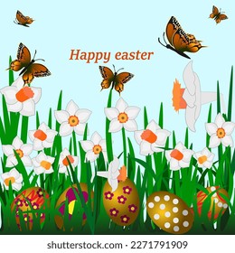 Vector graphics. Easter eggs lie in the green grass. Spring flowers daffodils are blooming around and butterflies are flying. Above is the inscription "Happy Easter".