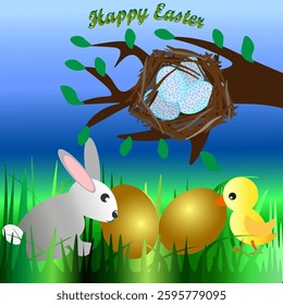 Vector graphics. Easter. In the grass, a rabbit, a chick and two eggs. On the tree, a bird's nest with eggs.