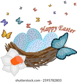 Vector graphics. Easter. On a white background, a nest with eggs, on which a butterfly sits. Nearby, a daffodil and flying butterflies.