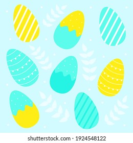 Vector graphics, easter, set. The eggs are turquoise and yellow. Background, design for websites, banners, cards, posters, advertising. Blue background, bright colors. 