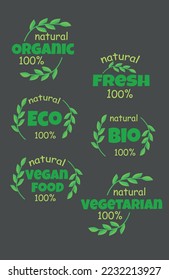 Vector graphics eco bio organic and natural products sticker label badge and logo green leaves pattern on dark background