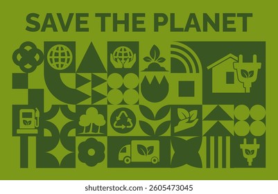 Vector graphics with eco-friendly icons for Earth Day. Geometric green elements representing sustainability, energy conservation, and environmental awareness.