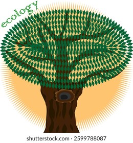 Vector graphics. Ecology. Large symbolic oak tree against the sun.