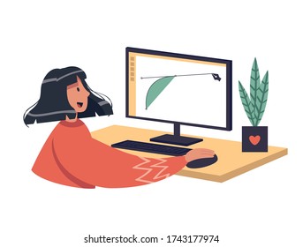 Vector graphics editing vector stock illustration. A girl draw vectors using a software on a large monitor. Online digital art or graphic design courses. Home training, modern profession.