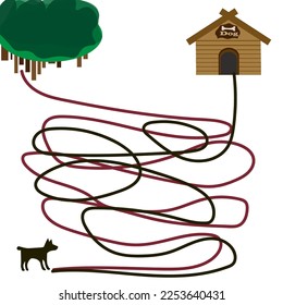 Vector graphics. Educational children's game. There is a dog in one corner. Two tangled lines lead from it, one leads to the booth, the second to the forest.