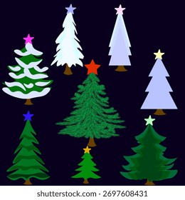 Gráficos vetoriais. Oito árvores de Natal com uma estrela no topo em um fundo escuro.