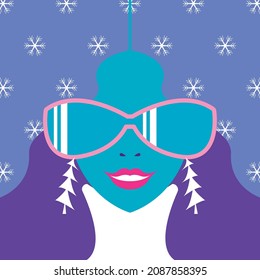 Vector graphics - the face of a smiling beautiful young woman in blue large glasses with highlights and fluttering hair with falling snowflakes. Concept - cover - hello, winter