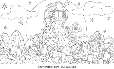 Vector graphics, a fairy glade with mushroom houses, a small fantastic settlement, coloring book.