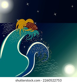 Vector graphics. Fairy sea night landscape. The moon shines in the dark night sky, which is reflected in the sea under the big waves. On a high wave lies a goldfish.