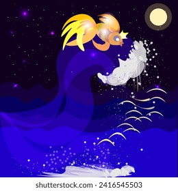 Vector graphics. Fairytale plot. Under the bright moon and starry sky, on a high wave in the sea, a goldfish with a crown on its head.