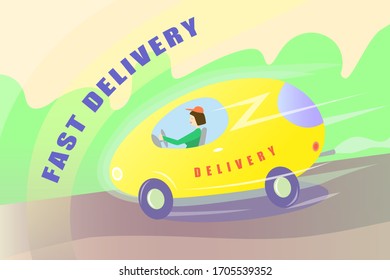 Vector graphics. Fast shipping. Girl driving a car. Delivery.