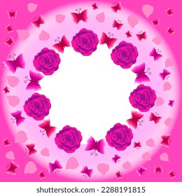 Vector graphics. Festive background in pink colors. On a pink background, a frame of roses, rose petals and flying butterflies.