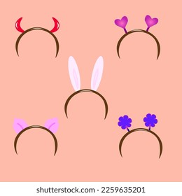 Vektorgrafiken. Festliche Karneval-Headbands mit Ohren, Herzen, Blumen, Hörnern.