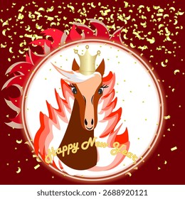 Gráficos de Vector. Un caballo ardiente en un marco ardiente contra un fondo de confeti que cae.
