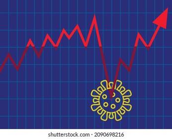 Vector Graphics - Financial Market Fluctuations - Ups And Downs With A Coronavirus Molecule Pressing Down The Arrow On Blue Background. Concept - Adaptation Of Stock Exchanges To Modern Conditions