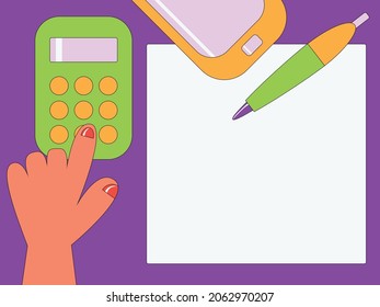 Vector graphics - a finger presses the calculator button on the desktop with a smartphone, a form and a pen and space for copying. The concept of business and accounting