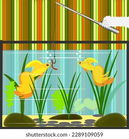 Vector graphics. Fish swim in the aquarium. Above the aquarium is a cat's paw with a fishing rod. A worm is attached to the hook.