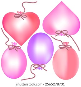 Vector graphics. Five balloons on a white background, two of which are heart-shaped.