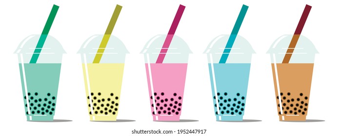 Vector graphics - five transparent cups with lids and tubes and colorful bubble tea with black tapioca balls. Concept-a trendy drink
