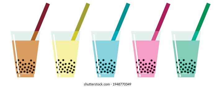 Vector graphics - five transparent glasses standing in a row with tubes and a colorful bubble tea drink isolated close-up. Trendy drink with black tapioca balls