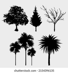 Vector graphics of five tree-style silhouettes that can be used for costume brushes, an additional element of your project.