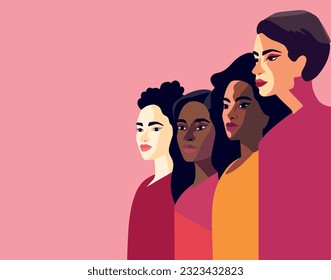 Vector graphics flat card banner poster place for text for International Women's Day strong women of different cultures and nationalities stand side by side together. Vector concept 