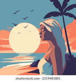 Gráficos vectoriales chica llana en vacaciones pasear junto al mar de la playa de las palmeras sol puesta de sol gentil paleta pastel retrato de una niña estilo plano