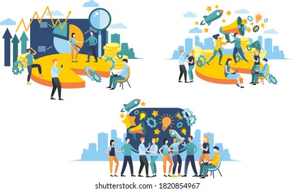 Vector graphics. Flat style design. The composition of the scene for business. Illustrations for business. Image of a graph and charts. Teamwork, interaction, communication of the team. 