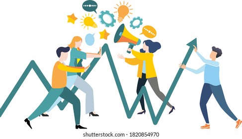 Vector graphics. Flat style design. The composition of the scene for business. Illustrations for business. Image of a graph and charts. Teamwork, interaction, communication of the team. 