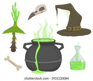 Vector graphics in flat style isolated on white background. Set of Illustrations poisonous acidic potion of a witch in a cauldron,poison in a flask, a raven skull, a mystical mushroom and a hand-drawn