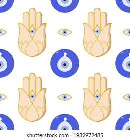 Vector graphics in flat style isolated on white background seamless pattern. Fatima Hamsa palm and Nazar amulet symbol of good luck and happiness. Hand drawn illustration.