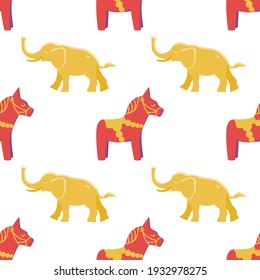 Vector graphics in flat style isolated on white background seamless pattern. Golden elephant and dala horse symbols of good luck and happiness. Hand-drawn illustration.