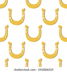 Vector graphics in flat style isolated on white background seamless pattern. Gold horseshoe symbols of good luck and happiness. Hand drawn illustration.